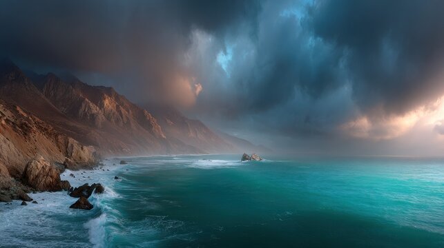 Coastal landscape showcases waves crashing on rocks, beneath stormy skies, and mountain ranges