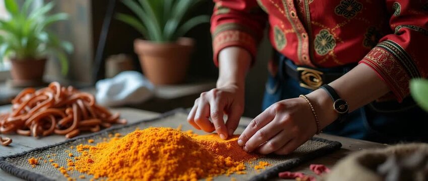 Hands craft vibrant orange dye on a rustic table as a slow pan reveals a cozy, artisan studio with plants swaying gently; cinematic and perfect for creative storytelling.