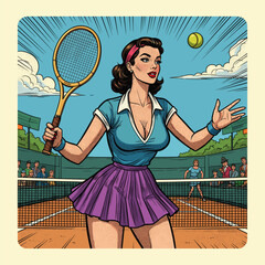 Colorful engraving of Vintage Female Tennis Player