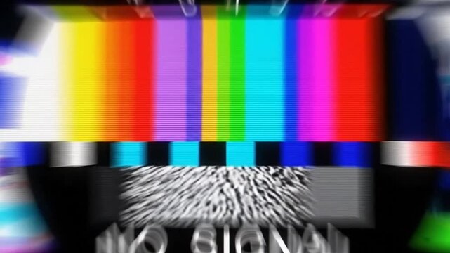 No Signal Display: An abstract image featuring a vibrant, multicolored bars in the style of a retro television no signal display, capturing the essence of interruption and absence.