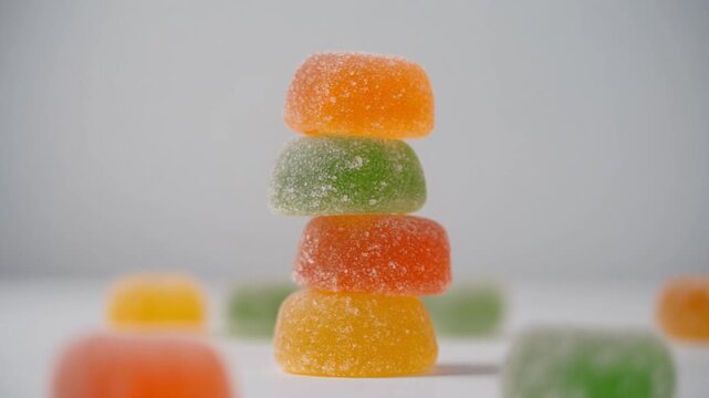 A close-up shot of a stack of colorful swedish jelly candies on a white background