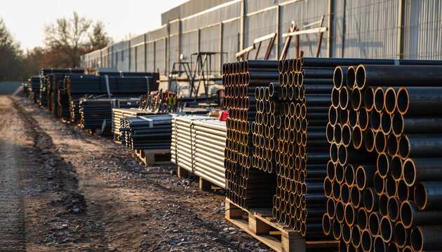 Industrial storage yard filled with stacks of metal pipes and construction materials ready for shipment