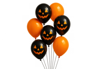 Halloween fun with a bunch of festive orange and black balloons featuring classic jack-o'-lantern faces, transparent background