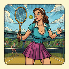 Colorful engraving of Vintage Female Tennis Player