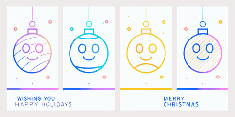 Colorful christmas ornaments with smiling faces and festive holiday greetings
