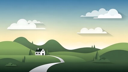Serene countryside landscape illustration with rolling green hills, a winding path, and a quaint house under a cloudy sky