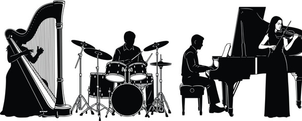 Musician silhouette ensemble, harp, drum, piano, violin performance, classical concert, orchestra illustration, black icon, music group, flat vector © MstFerdushe