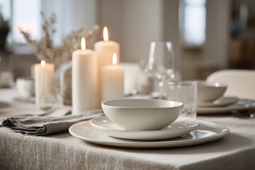 Fototapeta premium Elegant Table Setting with Lit Candles and Neutral Tones for a Cozy Dinner Ambiance.