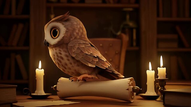 Wise Cartoon Owl in Enchanted Library with Ancient Scroll.