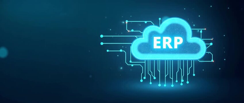 Futuristic cloud computing animation with ERP text, digital circuits glowing softly; camera pans slowly, highlighting tech innovation in a sleek, cinematic style.