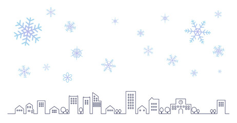 雪の結晶とシンプルな街並みのシルエットの線画イラスト　背景イラスト　都市景観