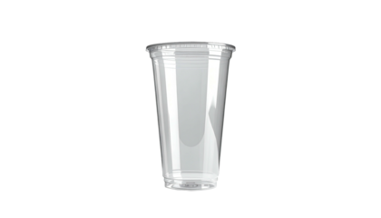 A transparent plastic cup with a lid, isolated against a black backdrop