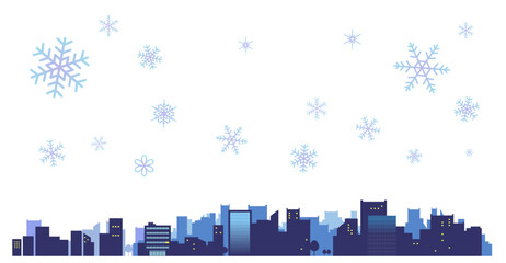 雪の結晶とシンプルな街並みのシルエットのイラスト素材　背景イラスト　都市景観	