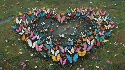 Butterfly Heart: A heartwarming display of love and nature, a heart-shaped formation crafted from a multitude of colorful butterflies fluttering gently above the flower-speckled ground.