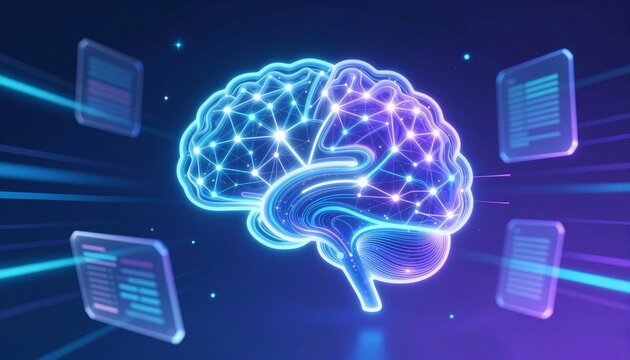 Glowing neon digital brain with interconnected neural network nodes and floating data panels, symbolizing artificial intelligence, machine learning, and futuristic data visualization