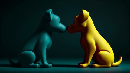 Two cartoon-style dog figures blue-green and bright yellow&mdash;sit facing each other with their noses touching.