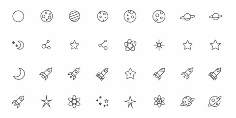 Collection of space themed icons depicting planets stars rockets and celestial objects