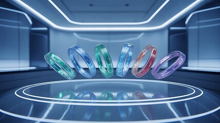 Collection of Glowing Translucent Rings in Futuristic Sci- Fi Environment