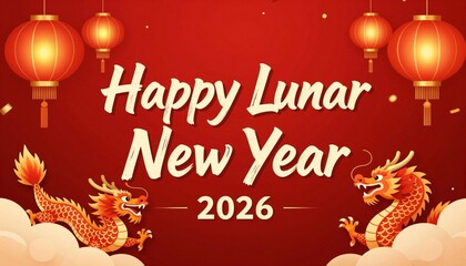 Red and gold Lunar New Year 2026 greeting with two dragons, hanging lanterns, gold text and decorative clouds