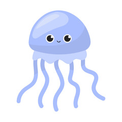 Illustration of a Blue Jellyfish with Kawaii Face