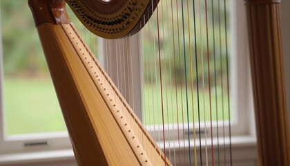 Obraz premium Close-up of a wooden concert harp with strings and soundboard by a sunlit window, warm tones and shallow depth of field