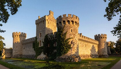 Imposing medieval stone castle with round towers, battlements, ivy and surrounding grassy moat in golden evening light