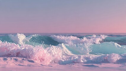 Ocean's Gentle Embrace: Capturing a serene moment where the sea whispers secrets to the shore, as soft pink hues of dawn kiss the ocean. 