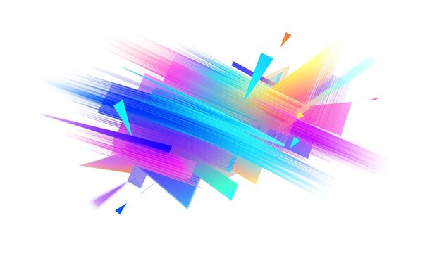 Vibrant abstract brushstroke with colorful geometric shards and motion blur on a clean white background