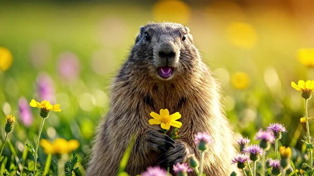 Groundhog sitting in a field flowers.
