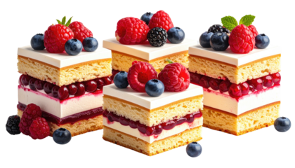 Square cakes with white frosting, berries, and layers