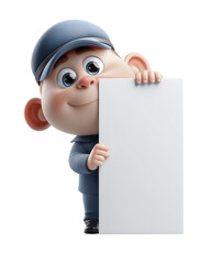 Friendly 3d Cartoon Boy in Uniform Peeking with Blank White Board