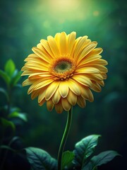 Obraz premium A bright yellow gerbera flower blooms against a lush green background