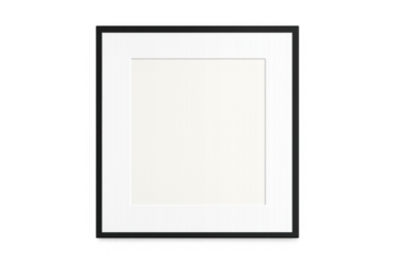 Empty black picture frame with white passepartout on transparent background, displaying a blank space for content