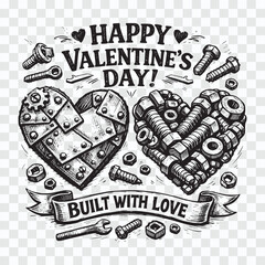 Built With Love Mechanical Hearts for Valentine's Day  Industrial Love Heart Made of Nuts and Bolts &ndash; Vintage Line Art