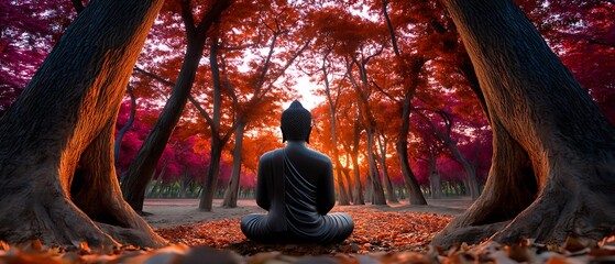 Fototapeta premium Tranquil Buddha Statue Surrounded by Vibrant Autumn Forest at Sunset