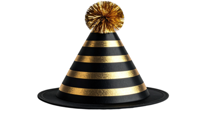 Black and gold striped party hat with a gold pom-pom on a black base