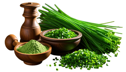 Fresh chives with wooden bowls and a salt grinder