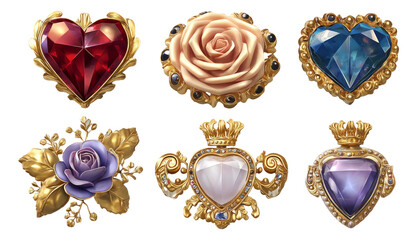 Elegant Collection of Heart and Rose Brooches in Glossy Finish and Royal Design