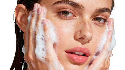 Ultra-Realistic Portrait of Young Woman Washing Face with Foam and Water Droplets, Skincare Commercial Style, Transparent Background