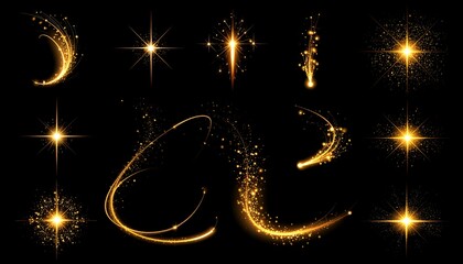 A collection of vibrant, glowing, golden light streaks, bursts, and starbursts against black