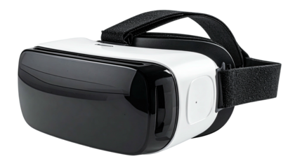 White and black VR headset with strap, dark visor, side detail