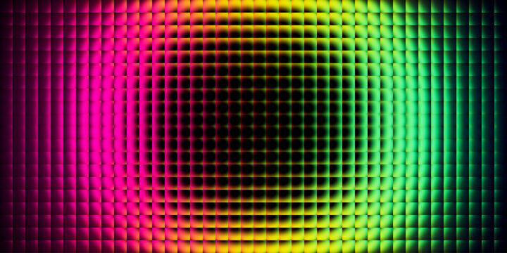 Fractal glass made of glowing square tiles with soft circular neon gradient forming hypnotic luminous tunnel effect. Futuristic glass mosaic composed of ribbed square elements refracting neon light