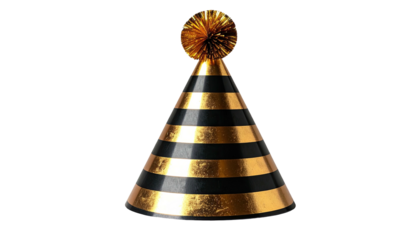 Festive, striped party hat with gold and black bands and a pompom topper
