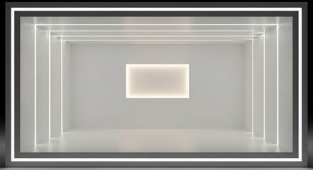 A modern, minimalist, empty white room with glowing rectangular light strips and a central illuminated panel, creating a futuristic display space.