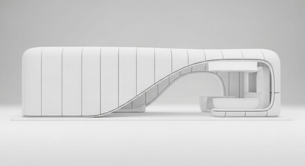 Modern minimalist white curved reception desk or counter design.