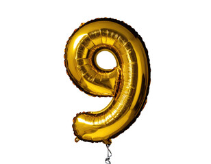 Gleaming golden foil number nine balloon against black backdrop