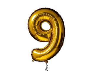 Gleaming golden foil number nine balloon against black backdrop