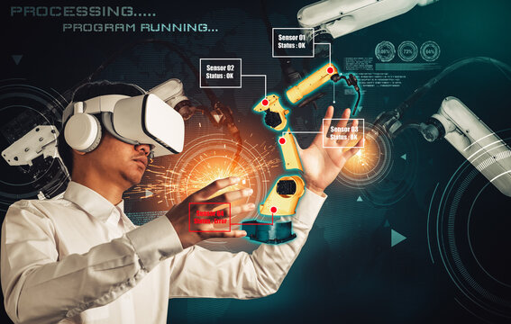 Engineer controls robotic arms by augmented reality industry technology application software. Smart robot machine in future factory working in concept of Industry 4.0 or 4th industrial revolution. - Powered by Adobe