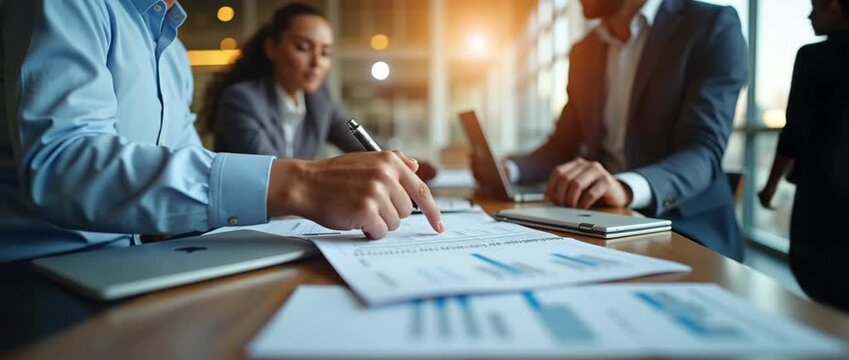 Collaborative business meeting with professionals engaged in animated discussion, camera gently panning across the room, sunlight streaming through windows, creating a vibrant, cinematic atmosphere.