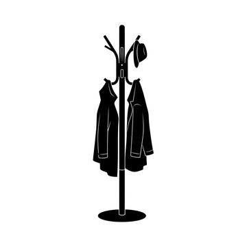 Coat Rack Stand Hanging Clothes Hallway Black Silhouette Vector Icon Isolated on White Background for Furniture Design